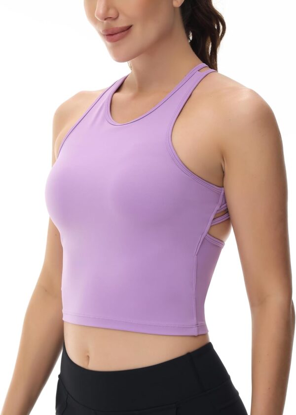 Workout Tops for Women High Neck Strappy Cross Back Yoga Vests Longline Padded Cut Out Sexy Workout Tank Tops - Image 2